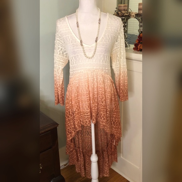BKE Tops - BKE Orange & Cream High Low Lace Tunic Duster